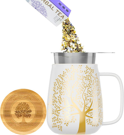amapodo Teetasse mit Deckel und Sieb - 600ml Porzellan Tee Tasse gross - Jumbotasse - XXL Tea Cup Se