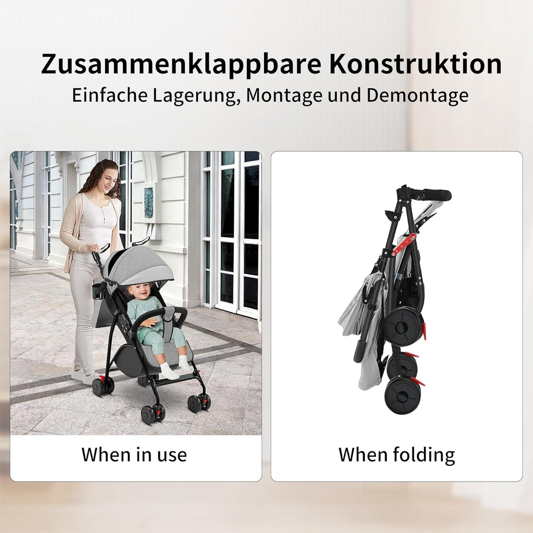 Kinderwagen mit Verstellbarem Schiebegriff, 4-Rad Liegebuggy ab 0–4 Jahre, Höhenverstellbar, Leicht