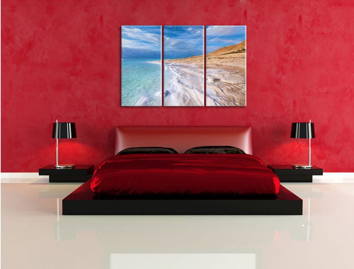 Pixxprint Das Tote Meer bei Tag Bunstift Effekt 3-Teiler Leinwandbild 120x80 Bild auf Leinwand