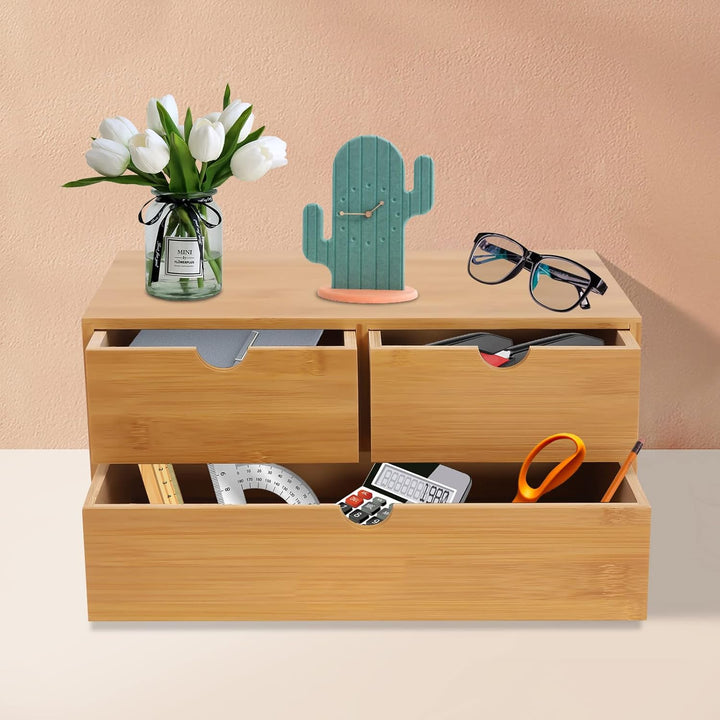 Aufbewahrungsbox Bambus Schreibtisch Organizer mit 3 Schubladen Mini Kommode Rohholzfarbe Schreibtis