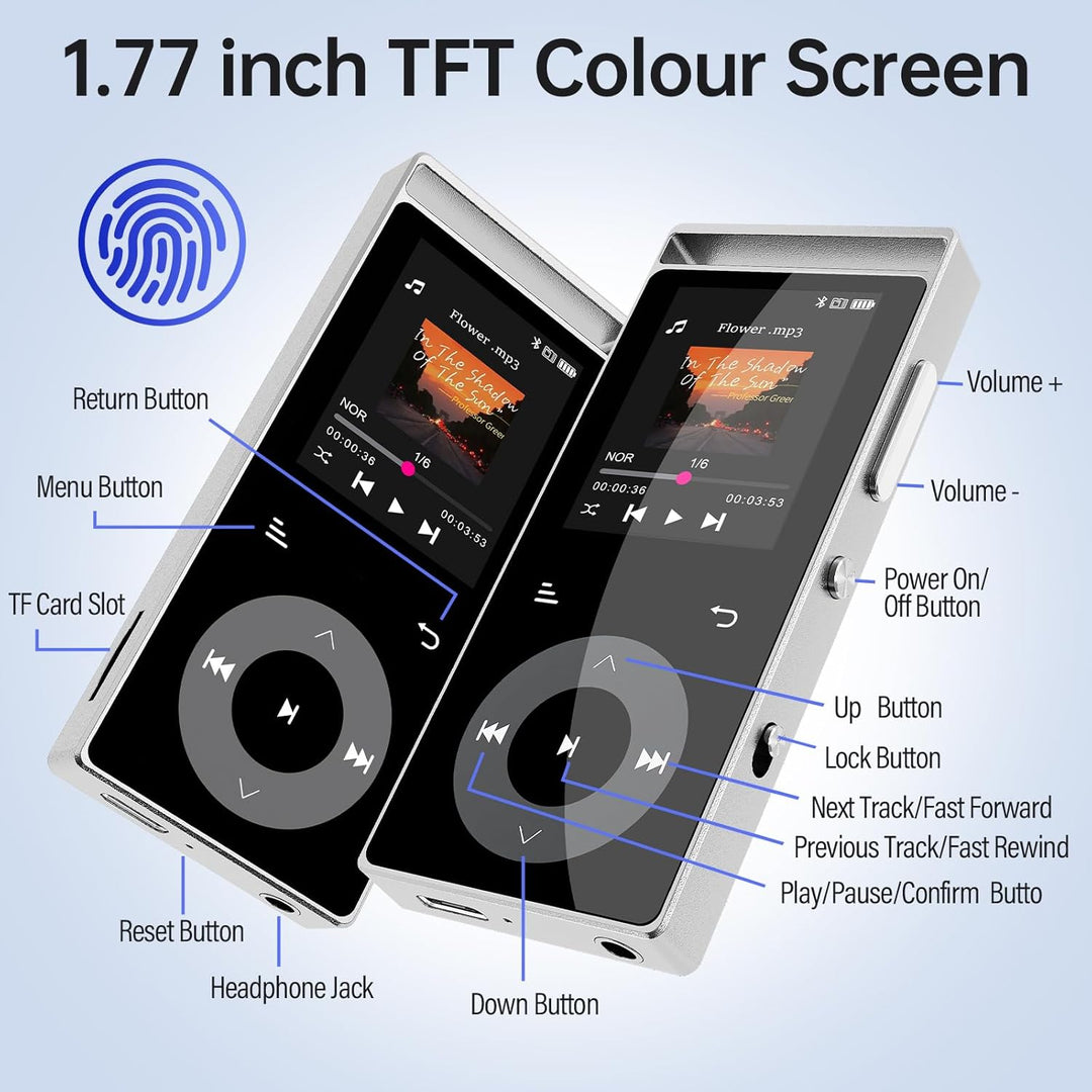 90GB MP3 Player Bluetooth 5.3, MP3-Player mit HiFi-Sound Touch-Tasten | MP3 mit Musik, Farbdisplay,