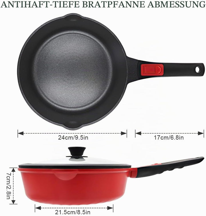 Pfanne 24cm mit Deckel, Aluminium Bratpfanne Hoher Rand mit Abnehmbarer Griff, für alle Herde|Anti-K