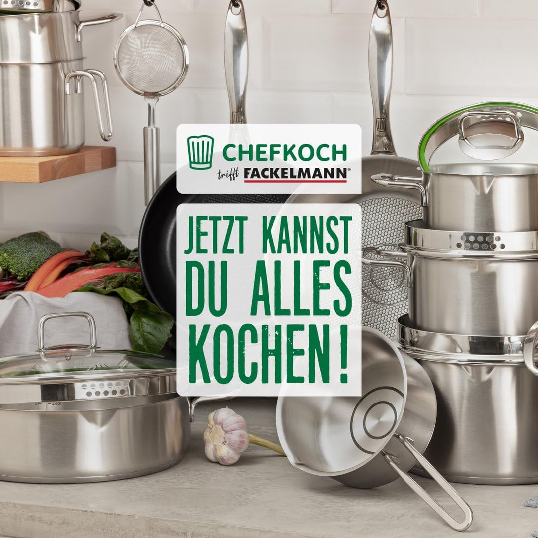 Fackelmann x Chefkoch Servierpfanne München Ø28 cm Edelstahl | Schmortopf mit Öl-Dosiersystem, Liter
