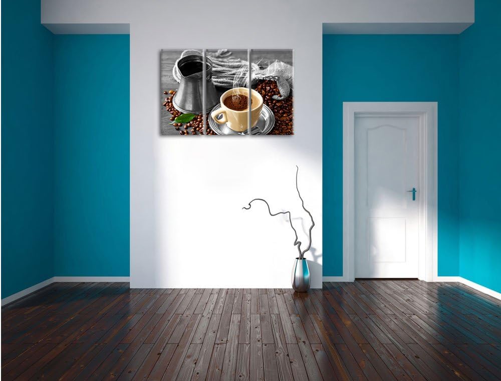 Pixxprint Dampfender Kaffe mit Kännchen schwarz/weiss 3-Teiler Leinwandbild 120x80 Bild auf Leinwand