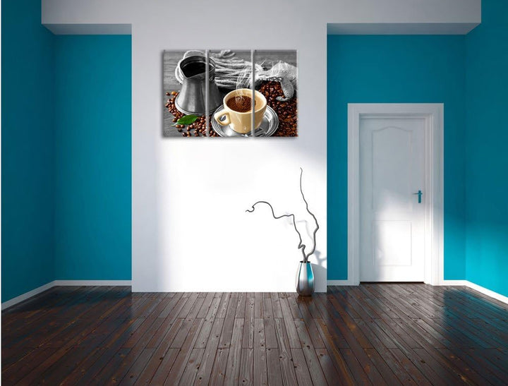 Pixxprint Dampfender Kaffe mit Kännchen schwarz/weiss 3-Teiler Leinwandbild 120x80 Bild auf Leinwand