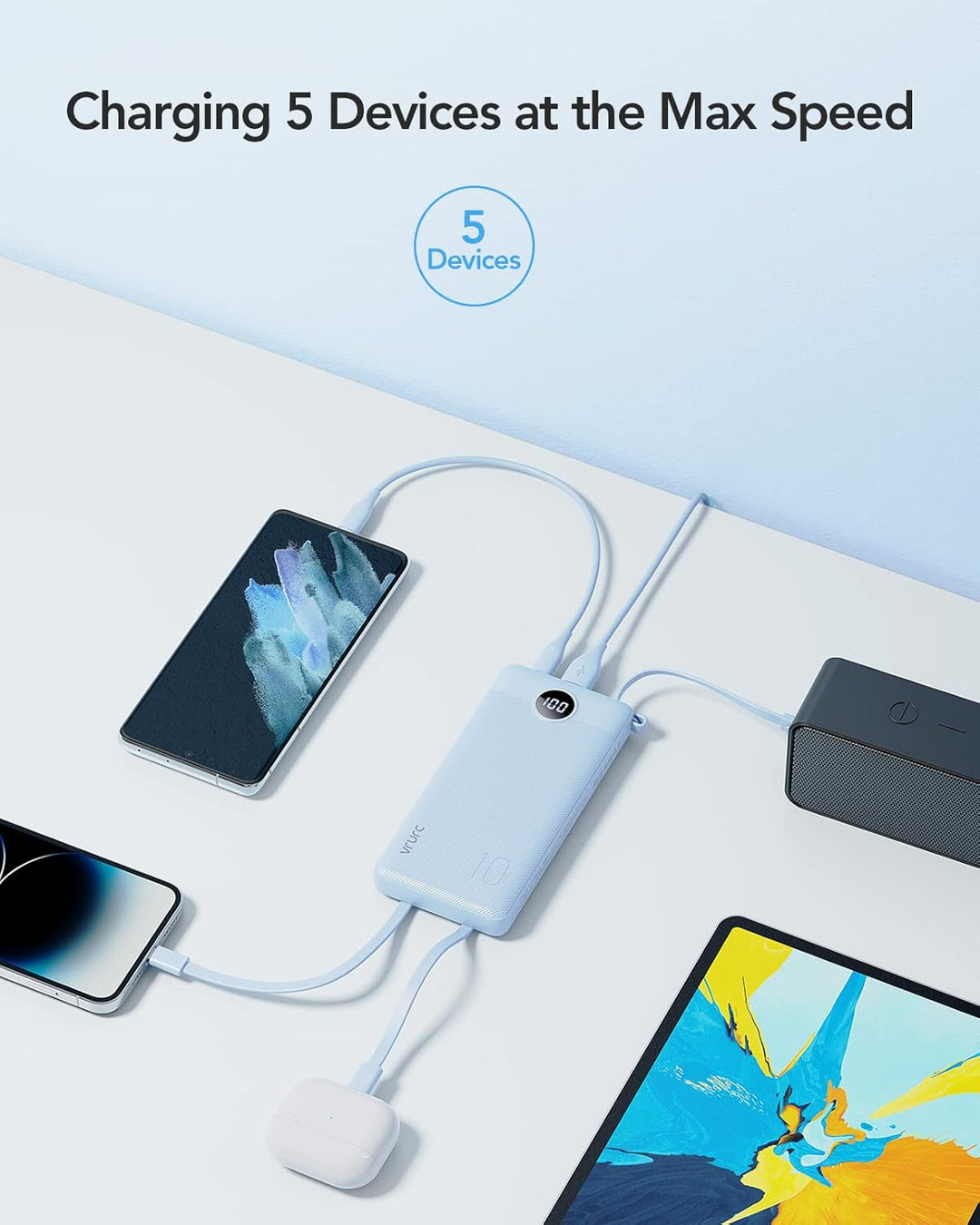 VRURC Powerbank 10000mAh mit Kabel, Power Bank Tragbares Ladegerät USB C Externer Handyakkus LED Dis