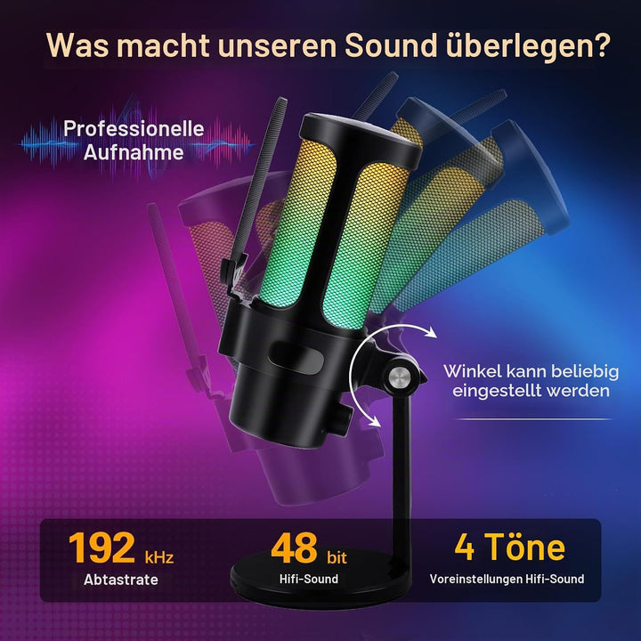 VCOM Gaming Mikrofon PC, RGB USB Mikrofon mit Mute, Pop-Filter, Gain, Gaming Zubehör Microphone für
