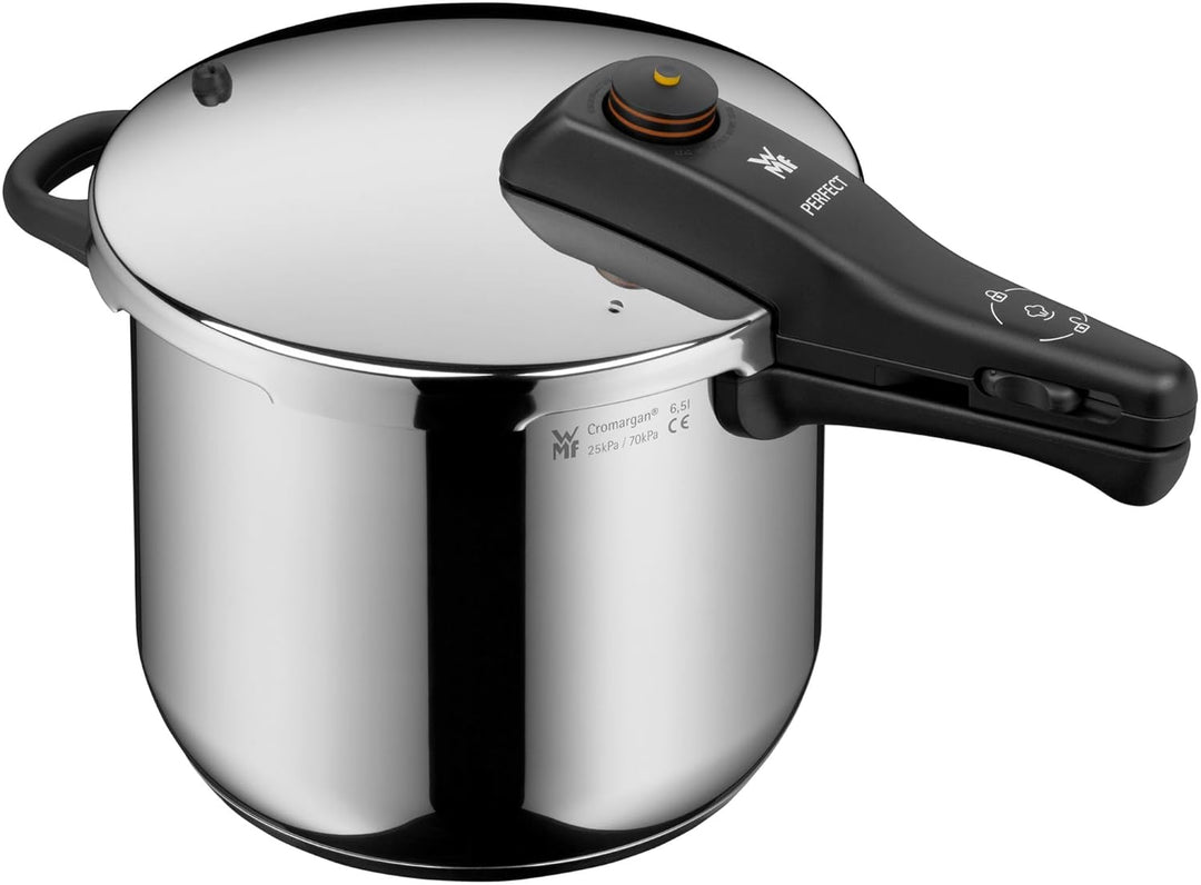 WMF Perfect Schnellkochtopf Induktion 6,5l, Dampfkochtopf mit Einsatz, grosses Kochsignal, 2 Kochstu
