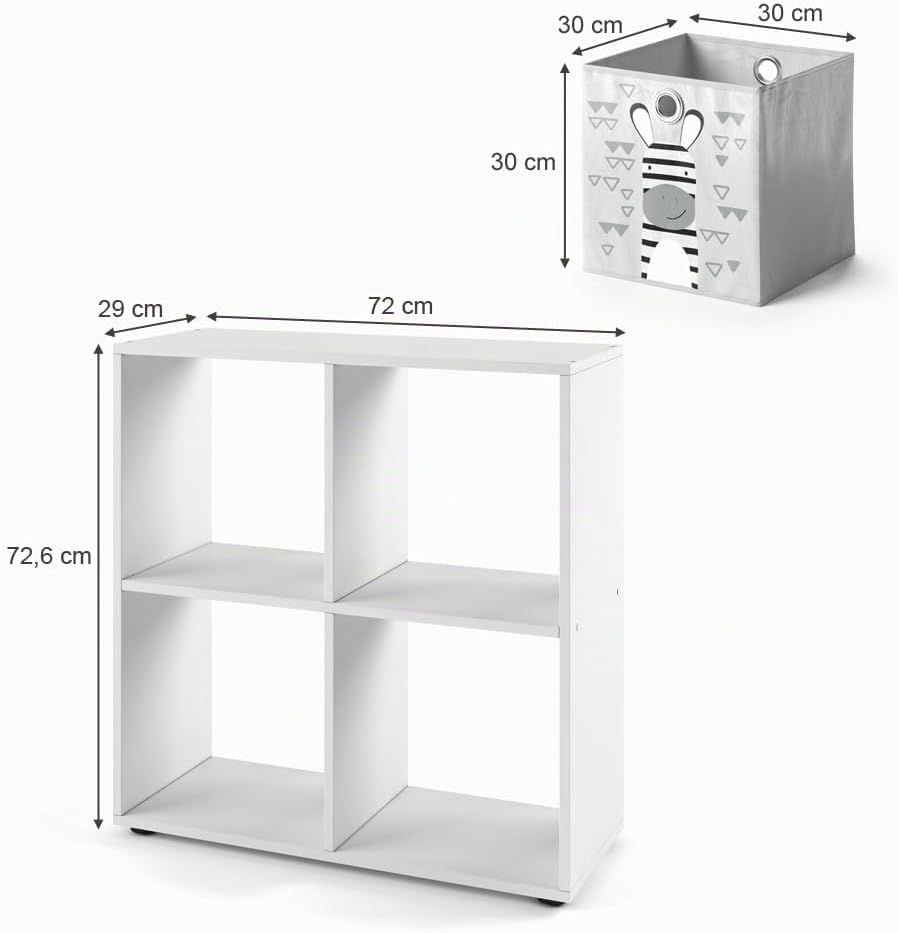 Vicco Kinderregal Tetra, Weiss, 72 x 72.6 cm mit 4 Faltboxen (grau/blau), 4 Fächer Faltboxen: grau,