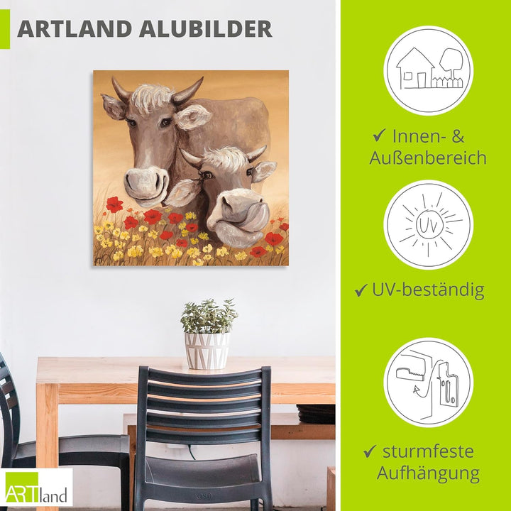 Artland Wandbild Alu für Innen & Outdoor Metall Bild 40x40 cm Kuh Tiere Blumen Wiese Shabby Chic Lan