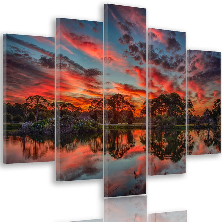 Feeby Bilder Landschaft 200x100 cm - Leinwandbild 5 Teilig XXL Kunstdruck Himmel rot Leinwandbild XX