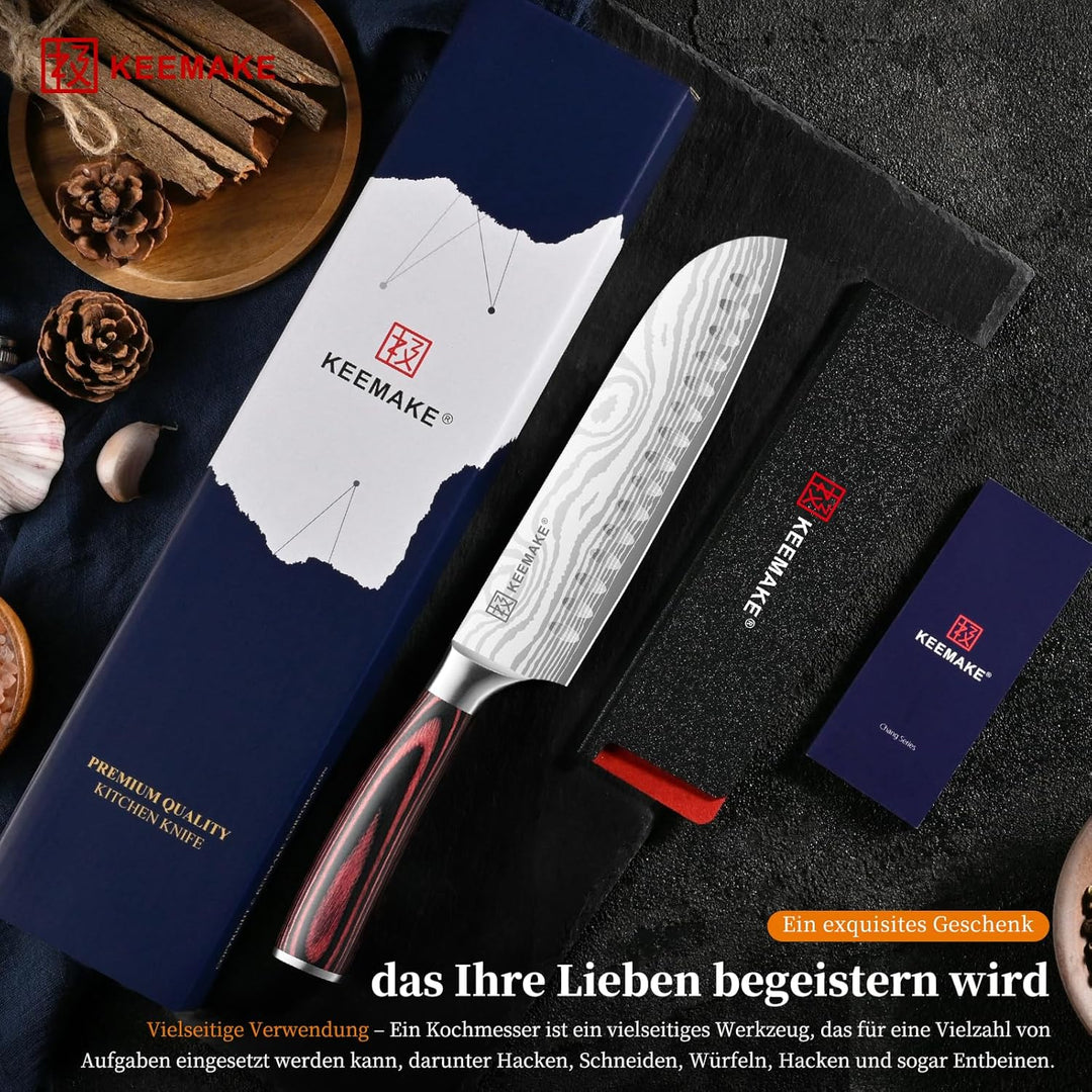 KEEMAKE Küchenmesser Santoku Messer, 18cm Messer Küche Kochmesser aus Edelstahl mit Klingenschutz, S