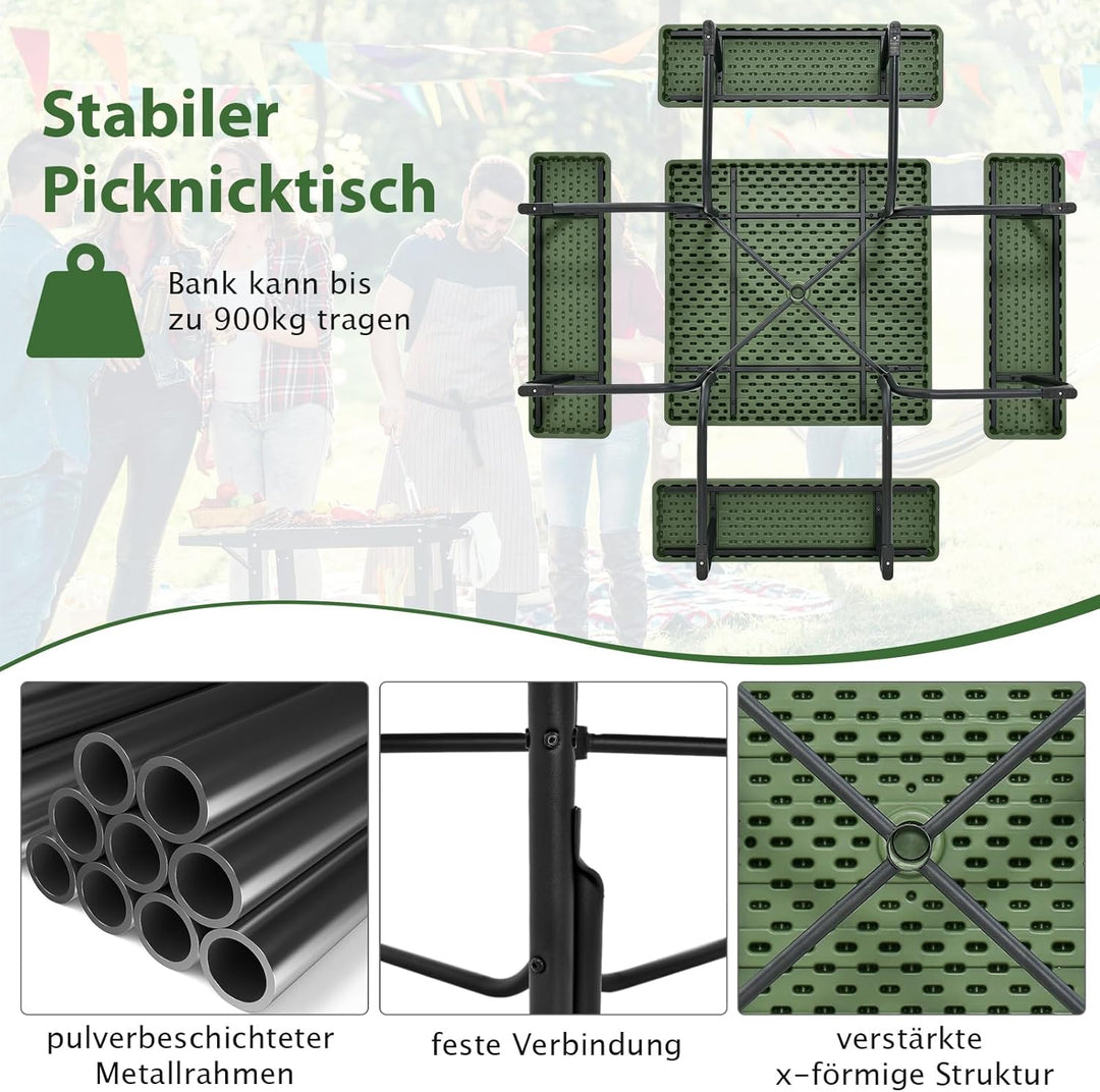 COSTWAY Sitzgarnitur für 8 Personen, Picknicktisch mit Schirmloch & 4 Bänken, quadratischer Gartenti