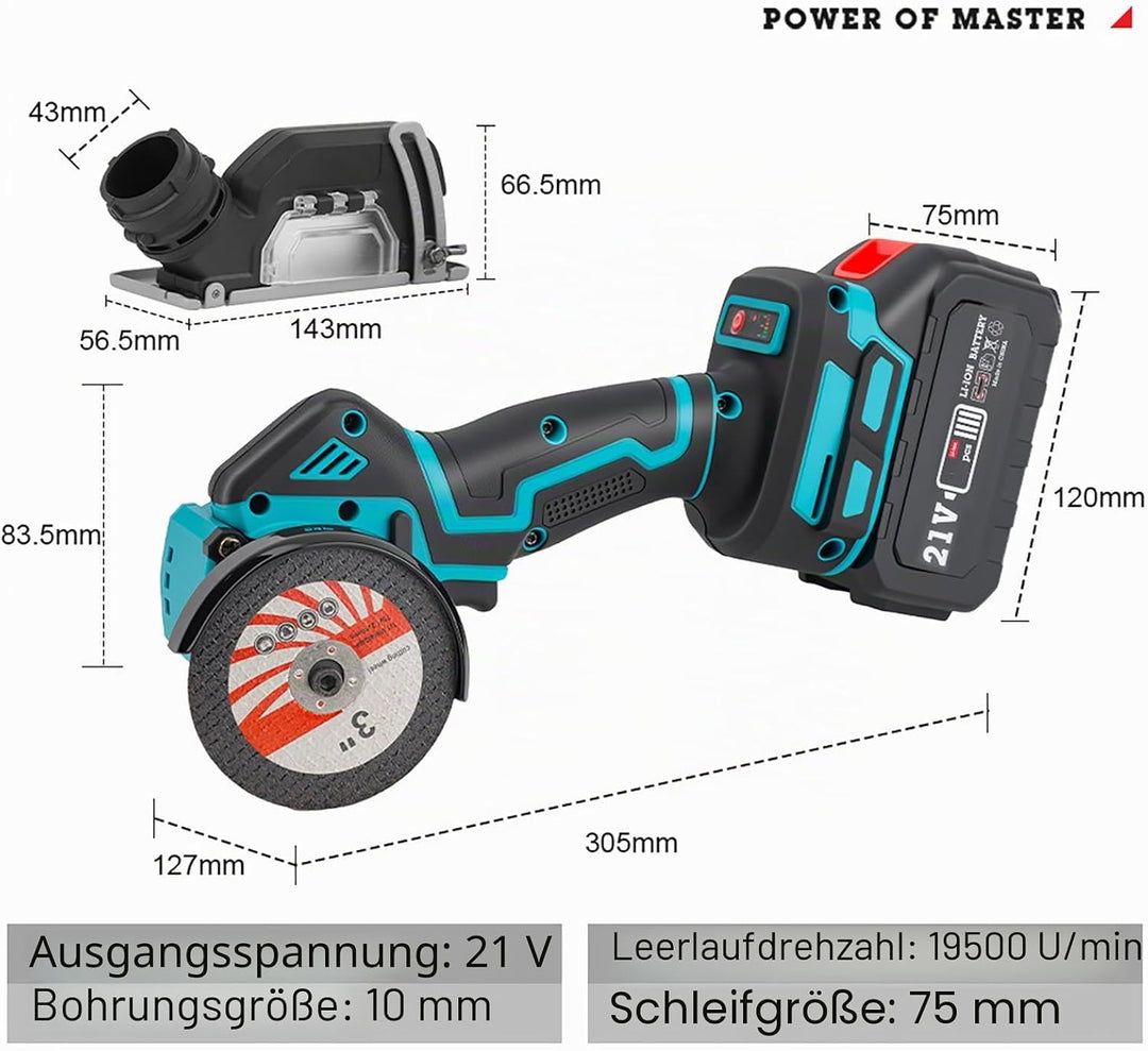 Mini Akku Winkelschleifer, Bürstenloser Winkelschleifer Klein mit 2 x 3000-mAh-Akkus, 7 Trennscheibe