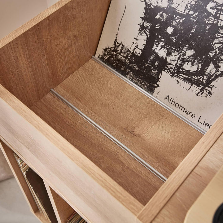 Schallplattenschrank mit Rohrgeflecht und Holzdekor Bohème, 1 Tür und 4 Fächer