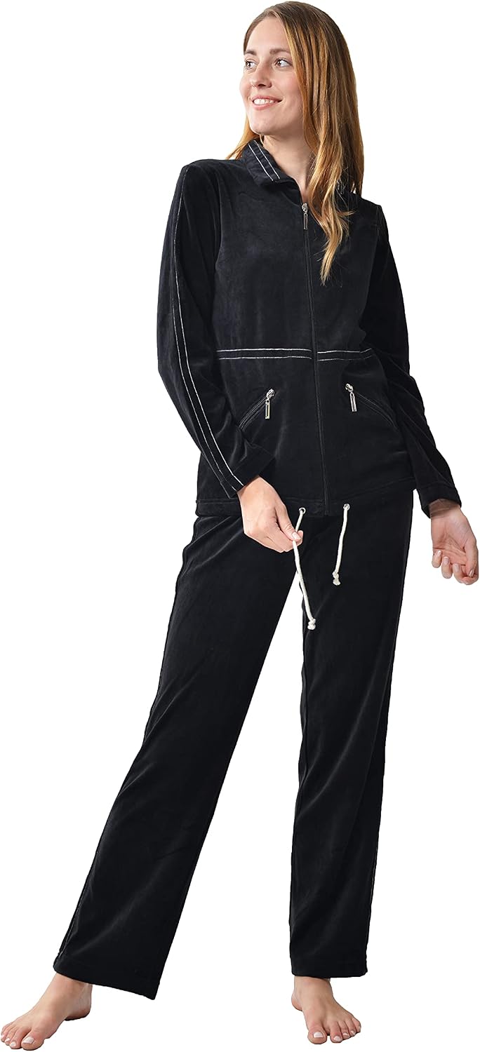 RAIKOU Damen Nicki Hausanzug mit Reissverschluss Velours Freizeitanzug Trainingsanzug 36-38 Schwarz,