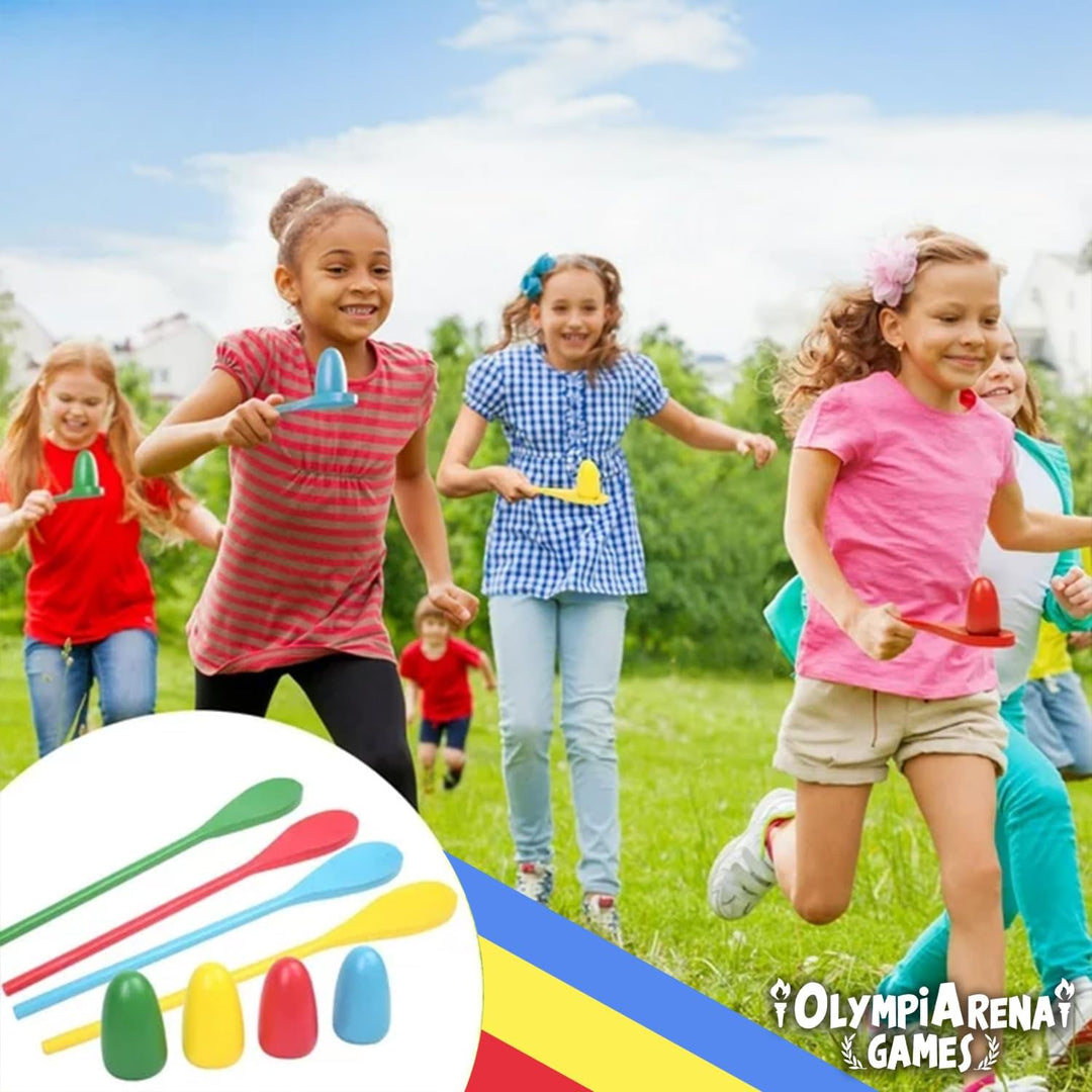 OlympiArena® Kirmes Spiele Kinder | Sackhüpfen, Eierlaufen, 3-Bein-Rennen | 12 Medaillen inklusive |