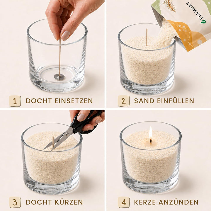 Duftkerzensand Set – mit Duft &amp; Dochten (9 Stk.) – ohne Paraffin – aus Pflanzenwachs – einfache Anwe