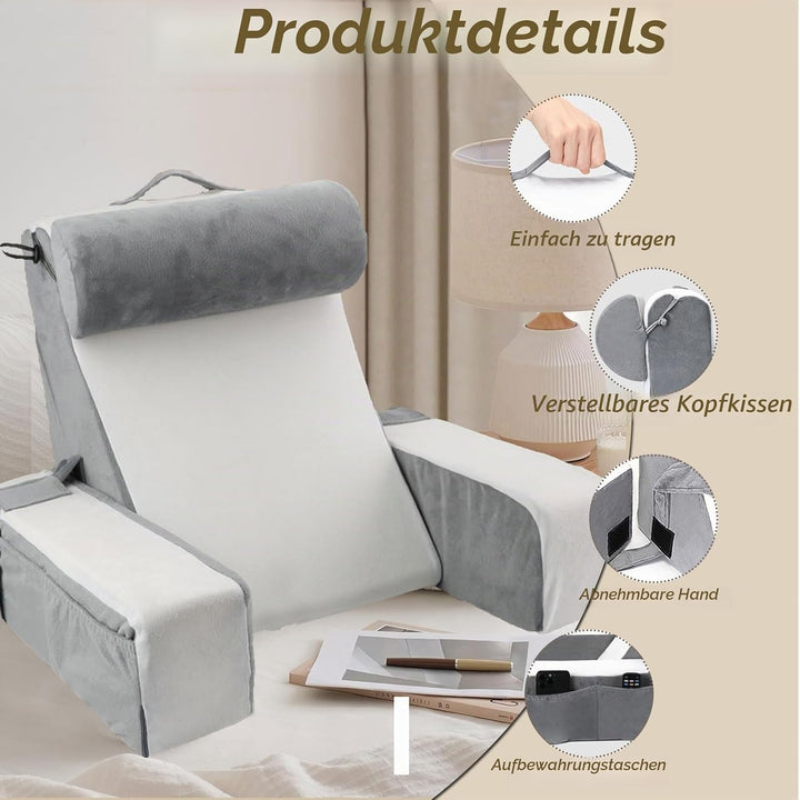 Gross lesekissen für Bett und Sofa, Erwachsene Rückenkissen Bett mit Nackenrolle &amp; Armlehnen, Ergono