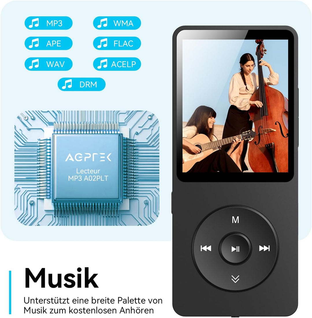 AGPTEK 64GB MP3 Player Bluetooth 5.3 mit Lautsprecher, 40 Stunden Akkulaufzeit Kleiner und klassisch