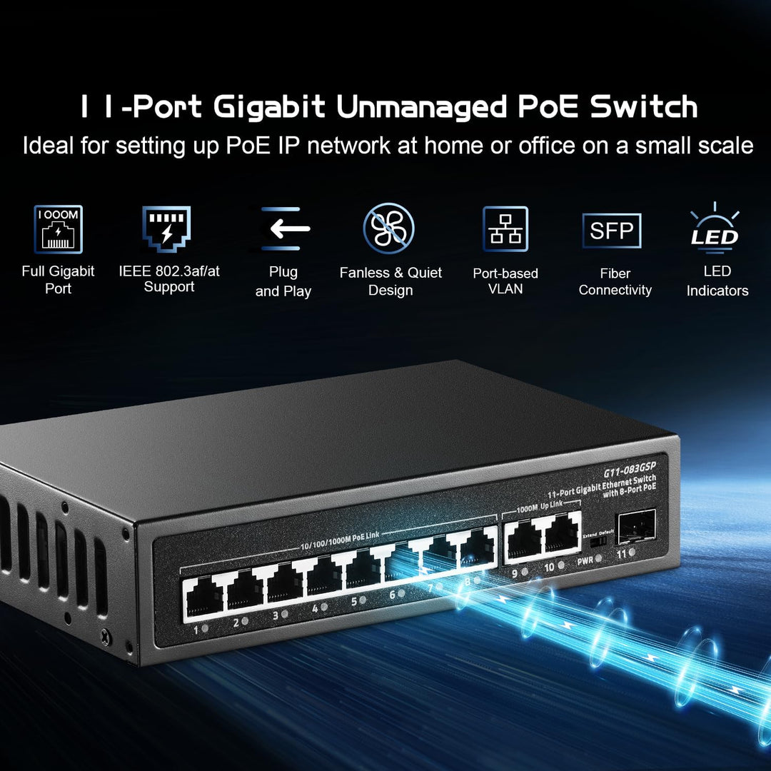 Binardat 11 Port Gigabit POE Switch, 8 POE+ Ports 1000Mbps, 2 Gigabit Uplink, 1 Gigabit SFP, IEEE802