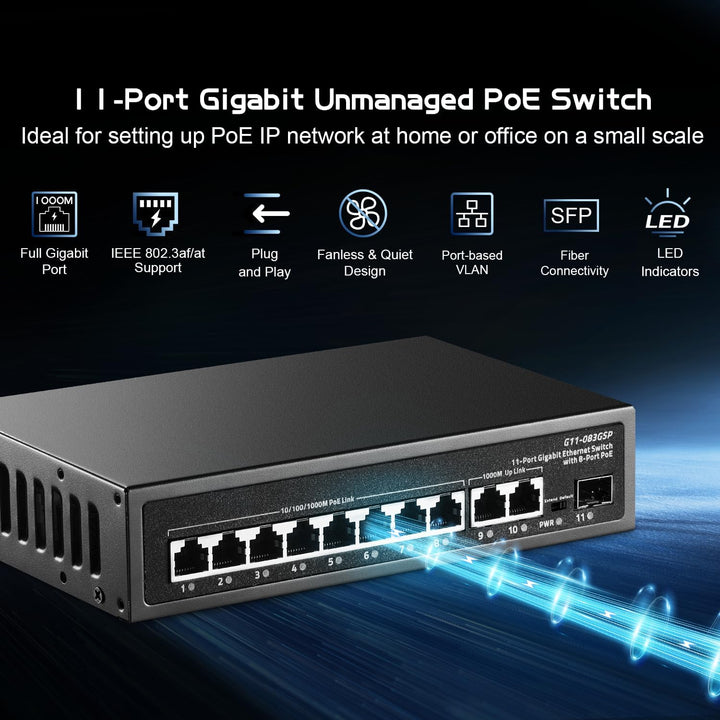 Binardat 11 Port Gigabit POE Switch, 8 POE+ Ports 1000Mbps, 2 Gigabit Uplink, 1 Gigabit SFP, IEEE802