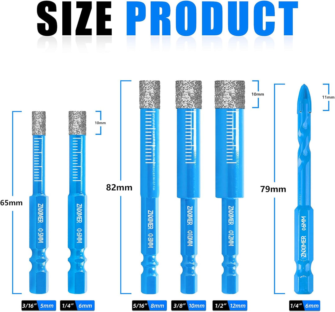 Fliesenbohrer Diamantbohrer Glasbohrer Set 6-tlg. 5, 6, 8, 10, 12 mm + 6 mm Karbidbohrer für Keramik