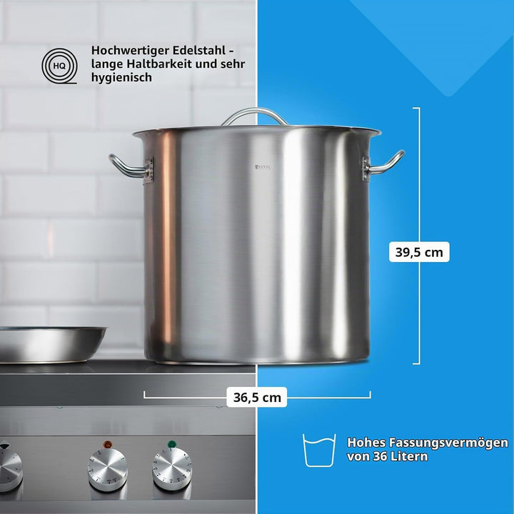 Royal Catering RCST-36LI4.1 Edelstahltopf mit Deckel Edelstahlkochtopf Kochtopf Induktion (36 Liter,