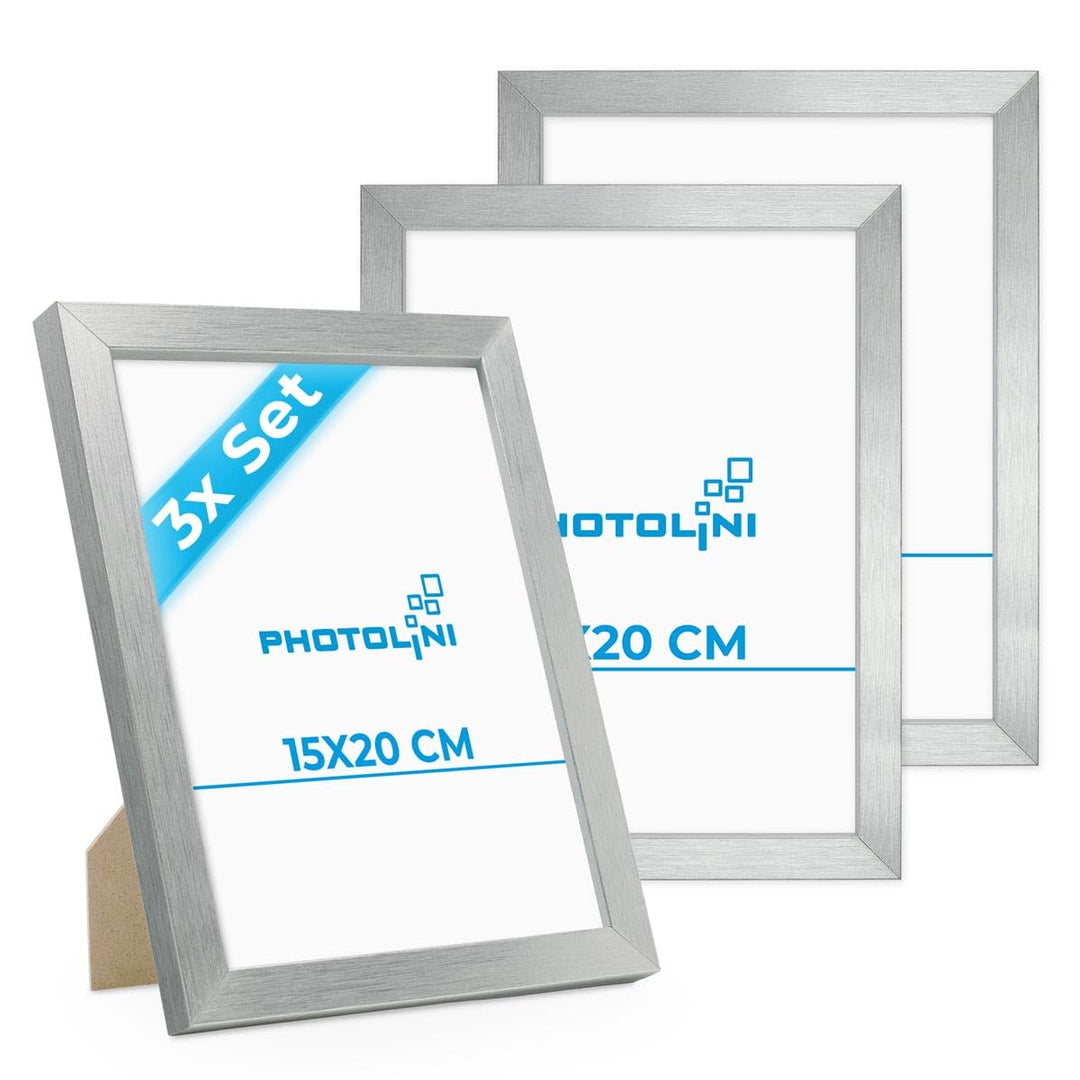PHOTOLINI Bilderrahmen 15x20 Holz MDF, 3er Set Bilderrahmen 20x15 Silber, Picture Frame mit Acrylgla