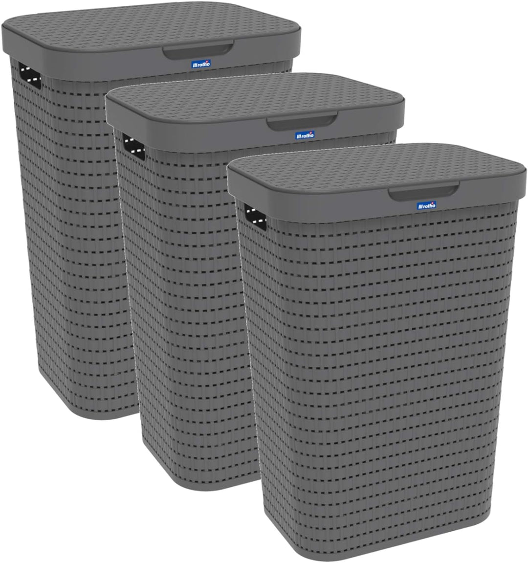Rotho Country 3er-Set Wäschesammler 55l mit Deckel, Kunststoff (PP) BPA-frei, anthrazit, 3x55l (42,0