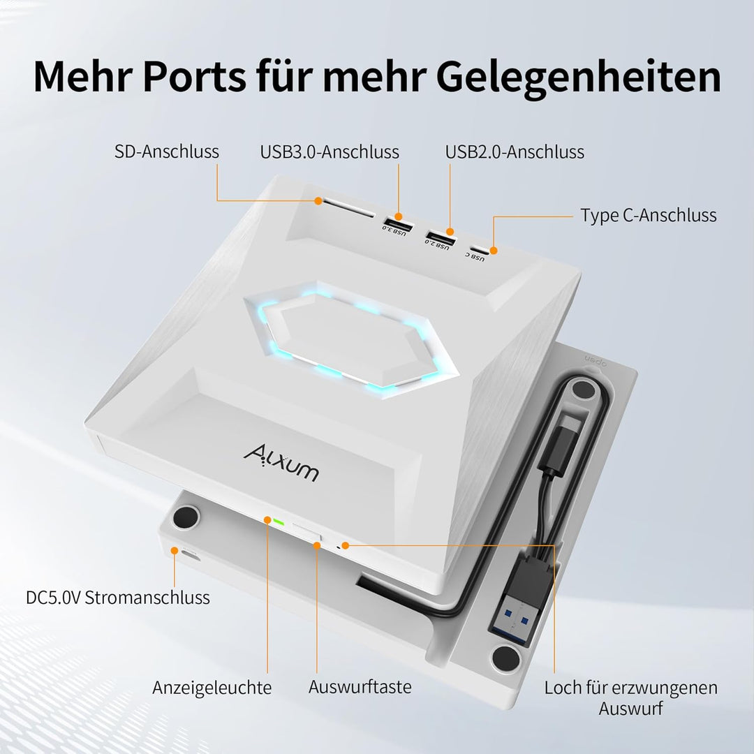 Alxum Externes DVD Laufwerk - USB 3.0 Type C CD Laufwerk extern USB mit SD/TF Kartenleser und USB An