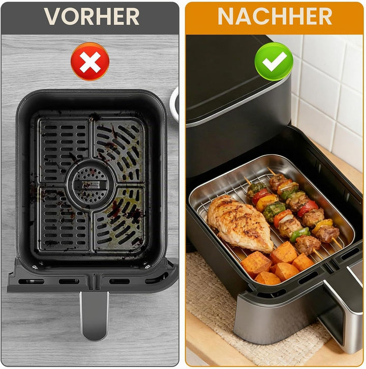 Edelstahl Auflaufform für Airfryer 20x15.3x5cm, Antihaft Backform mit Abtropfgitter & Hitzeschutzgri