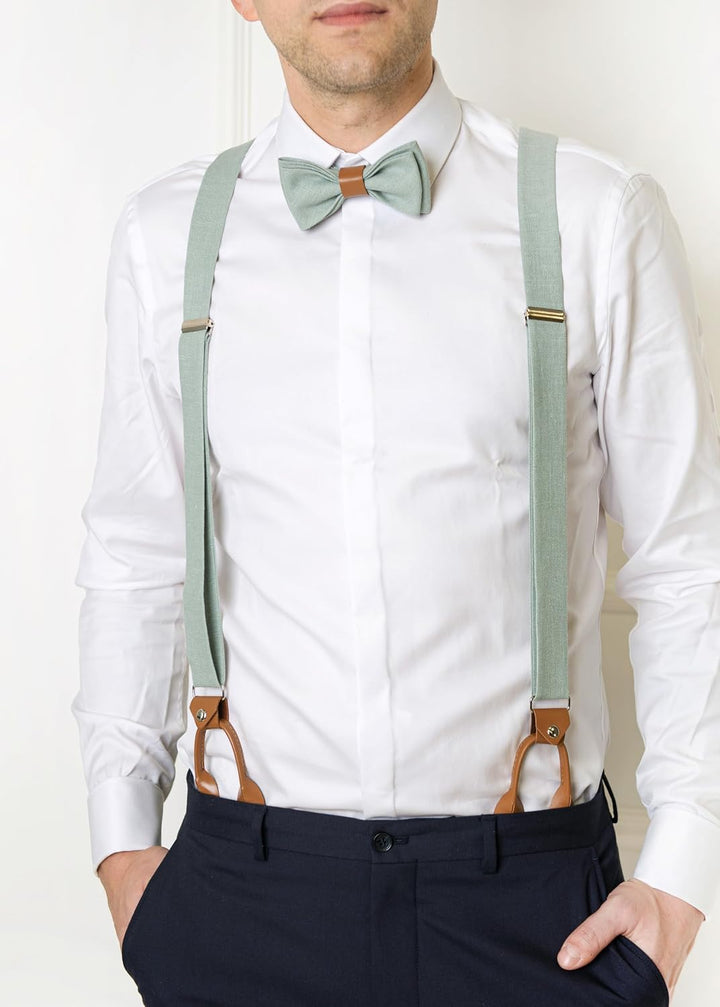 Leinen Accessoires: Fliege mit Leder, Hosenträger mit Leder, Einstecktuch, Manschettenknöpfe für Her
