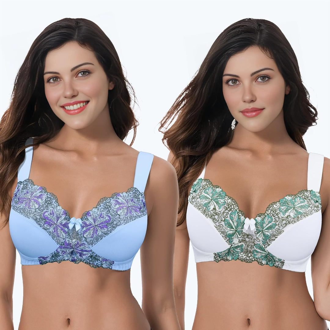 Curve Muse Damen Übergrösse Minimizer Kabellos Ungefütterter BH mit Stickspitze-2er Pack 75D Butterm