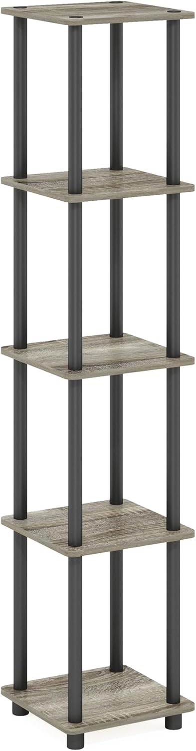 Furinno Viereckiges Regal mit 5 Ebenen, Holz, Französische Eiche Grau/Schwarz, 29.46 x 29.46 x 146.5