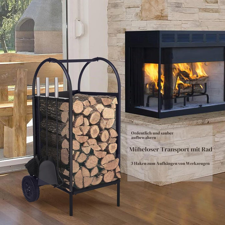 Brennholz Warenkorb mit Rädern, Brennholz Log Rack mit 3 Tools Kamin Log Carriers Inhaber schwarz Sc