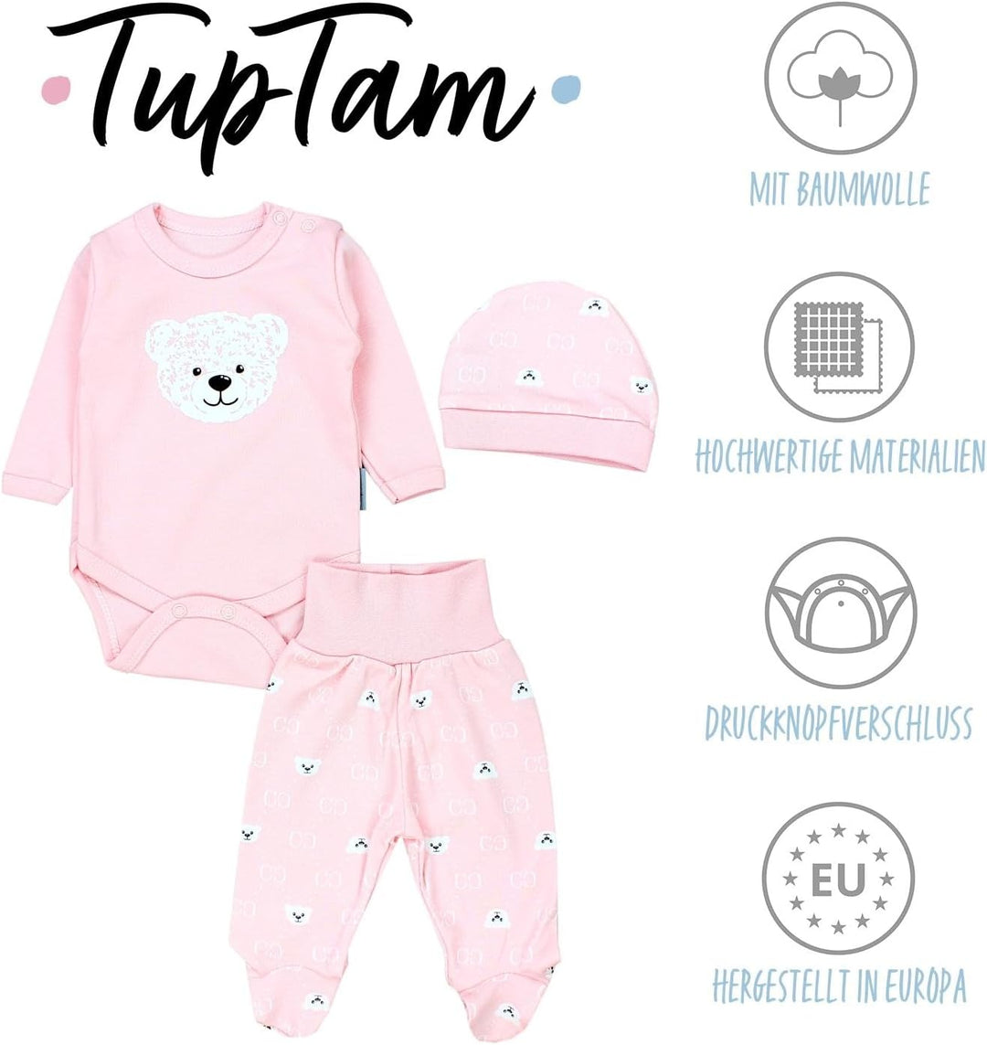 TupTam Baby Mädchen Jungen Bekleidungsset Langarmbody Hose Mütze mit Aufdruck Spruch 3 teilig 56 Bär