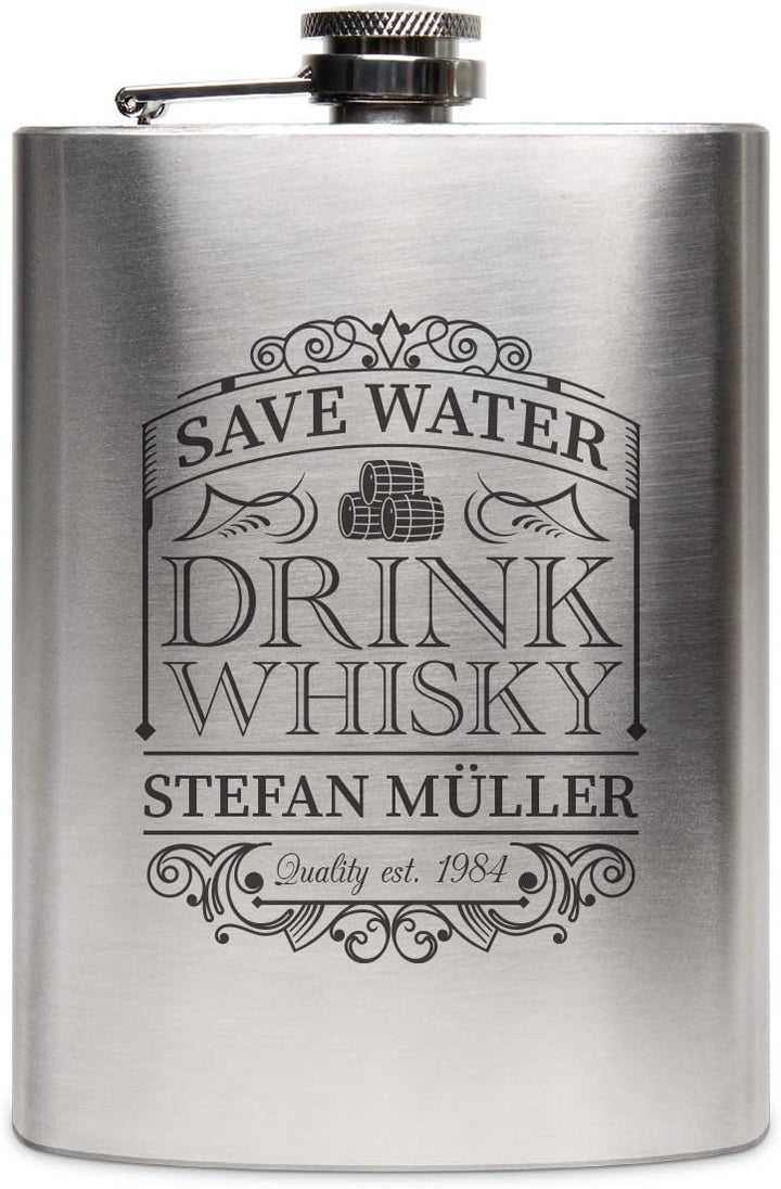 Flachmann Edelstahl 8oz. 237 ml mit individueller Gravur - Save Water Drink Whisky, Save Water Drink