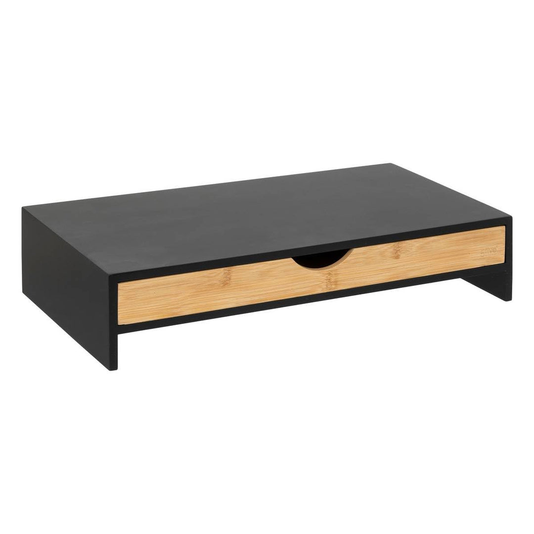 5five – Bava Monitorständer aus Bambus – Schwarz, 47 x 25 x 10 cm, mit Schublade – Organizer für Bür