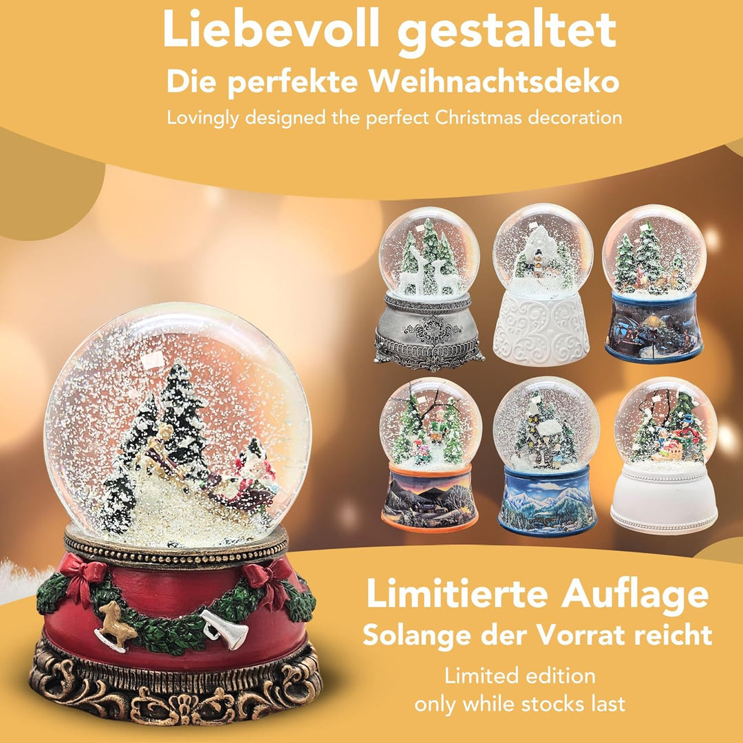 Schneekugel Weihnachten Spieluhr | Santa im Schlitten | Sockel Weihnachten rot Tannengirlande | mit