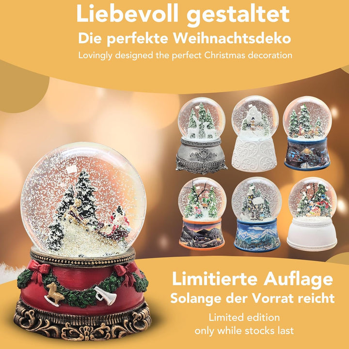 Schneekugel Weihnachten Spieluhr | Santa im Schlitten | Sockel Weihnachten rot Tannengirlande | mit