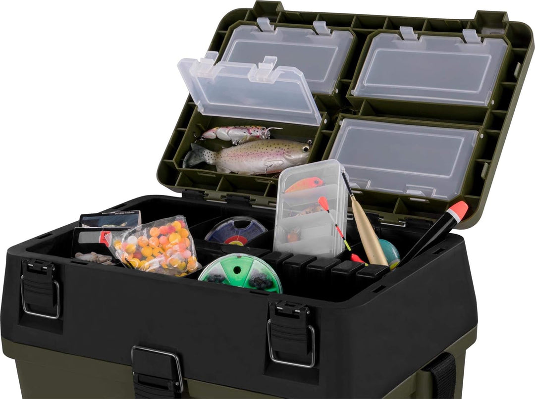 Angelkoffer Angelbox Angeltasche gepolsterte Sitzkiepe Sitzfunktion Gerätekasten mit Rucksackfunktio