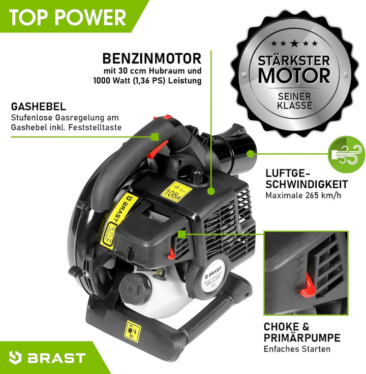 BRAST® Laubsauger Laubbläser Benzin 1,0kW(1,36PS) | 55L Fangsack | inkl. 2 Blasrohre, Schultergurt &