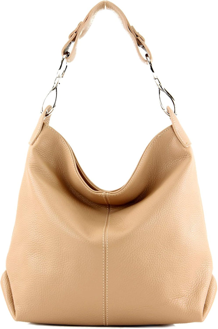 modamoda de - T168 - ital. Schultertasche Henkeltasche aus Leder Beige, Beige