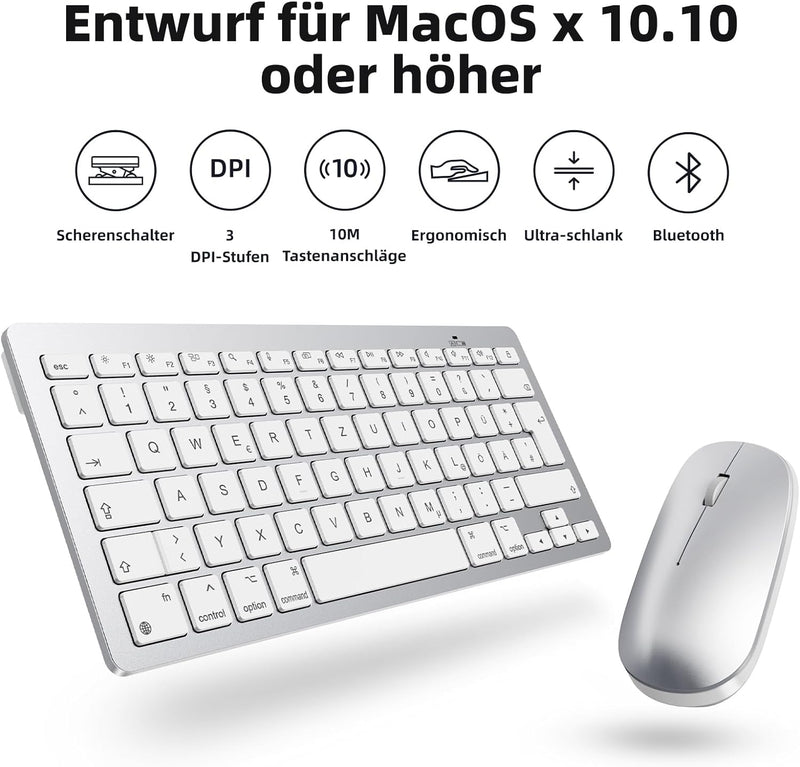 OMOTON Bluetooth Tastatur Maus Set für Mac, Kompakte kabellose Tastatur und Maus kombination kompati