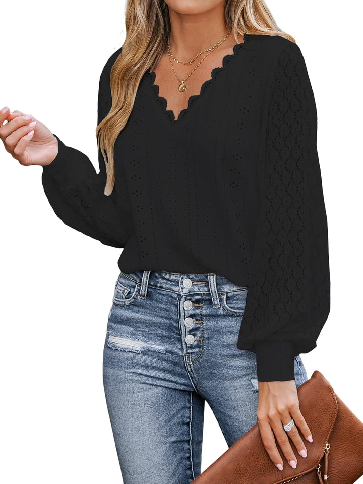 CUPSHE Damen Blusen V-Ausschnitt Spitzen Wellenkante Puffärmel Langarmshirt Lässige Lace Oberteile T