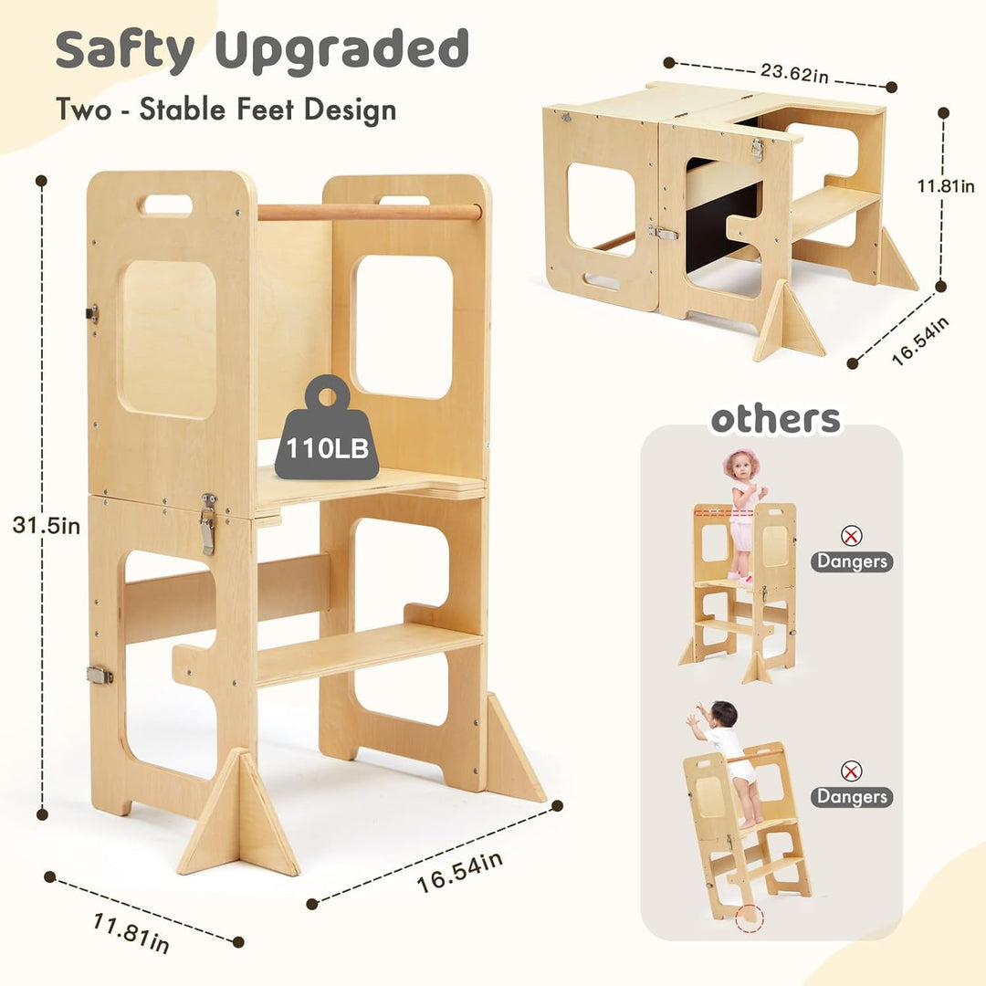 Labebe Lernturm für Kinder, Faltbarer Montessori Learning Tower, 3 in 1 Tritthocker Lernstuhl Kinder