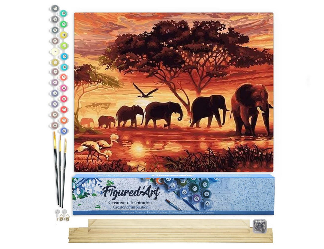 Figured'Art Malen Nach Zahlen Erwachsene Mit Rahmen Elefanten bei Sonnenuntergang - Paint by Numbers