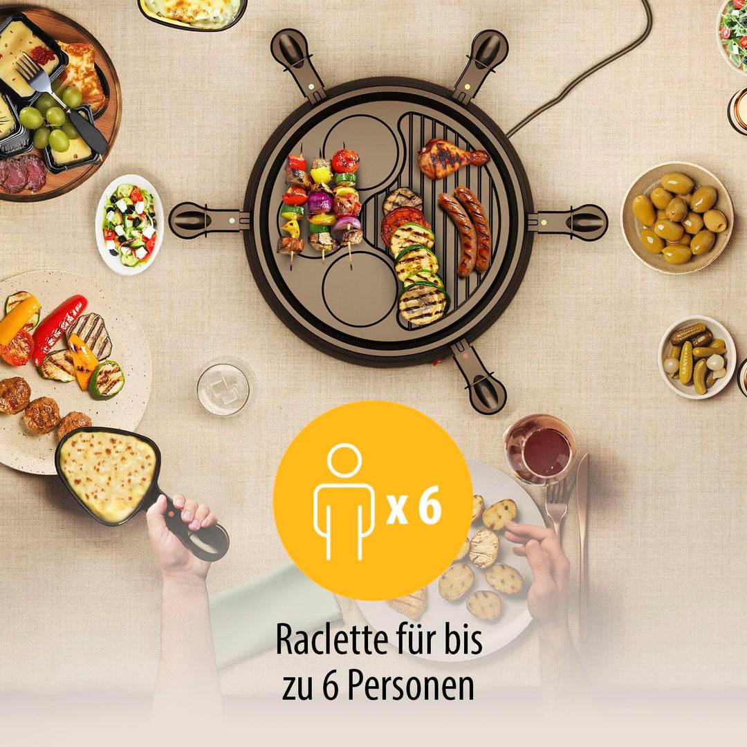 Tristar Raclette für bis zu 6 Personen mit 6 Pfännchen und Crêpe-und Grill-Bereich/Durchmesser 29 cm