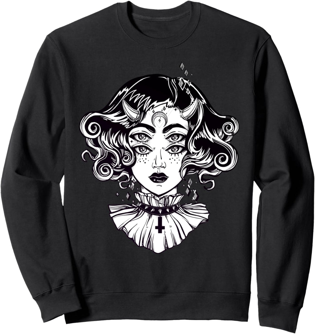 Horned Devil Girl T-Shirt – Satanic Halloween Glitch Goth Tee Sweatshirt